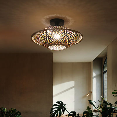 Lampada pendente di bambù rotonda, luce da soffitto tessuta per illuminazione interna
