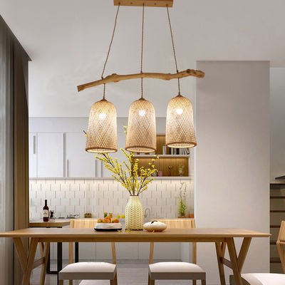 Lampada a tre teste di rattan, lampada da ristorante in bambù 3500K