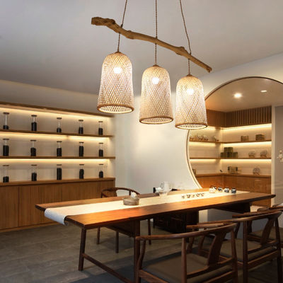 Lampada a tre teste di rattan, lampada da ristorante in bambù 3500K