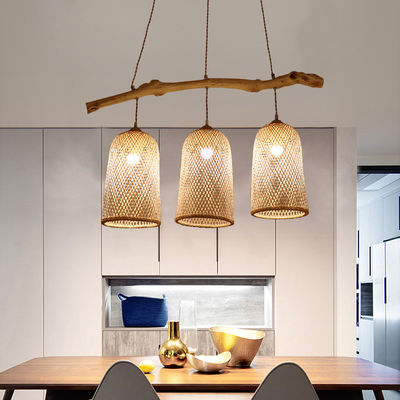 Lampada a tre teste di rattan, lampada da ristorante in bambù 3500K