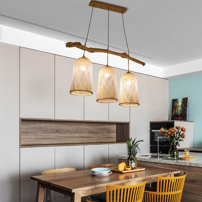 Lampada a tre teste di rattan, lampada da ristorante in bambù 3500K